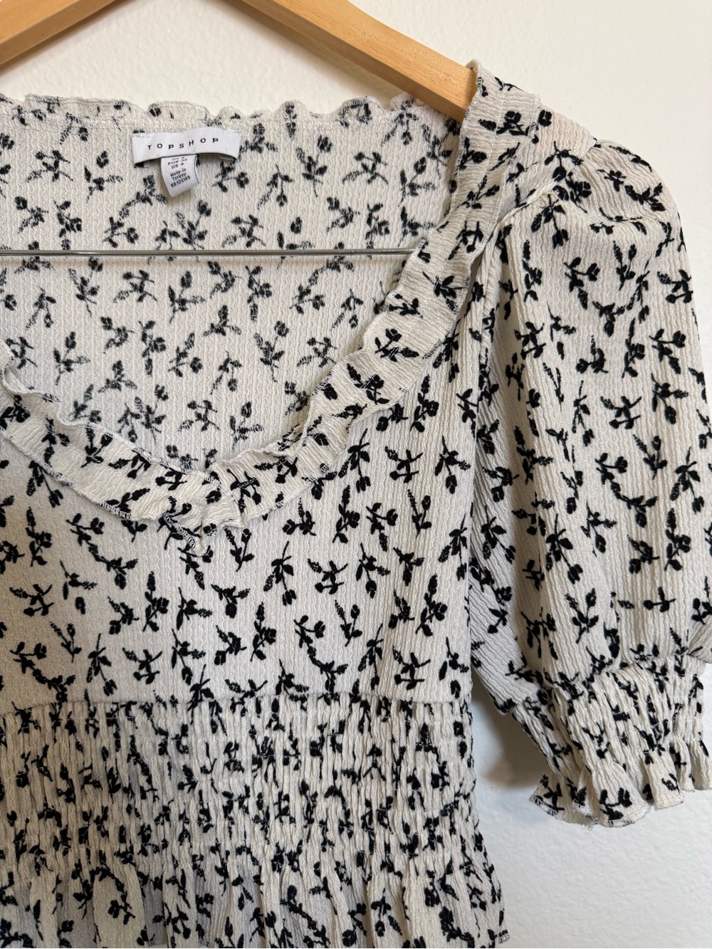 Topshop Black Floral Smocked Crop Top on White - Picture 2 of 6